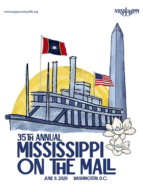 2026 Mississippi on the Mall logo with steamboat, Washington Monument, and magnolias
